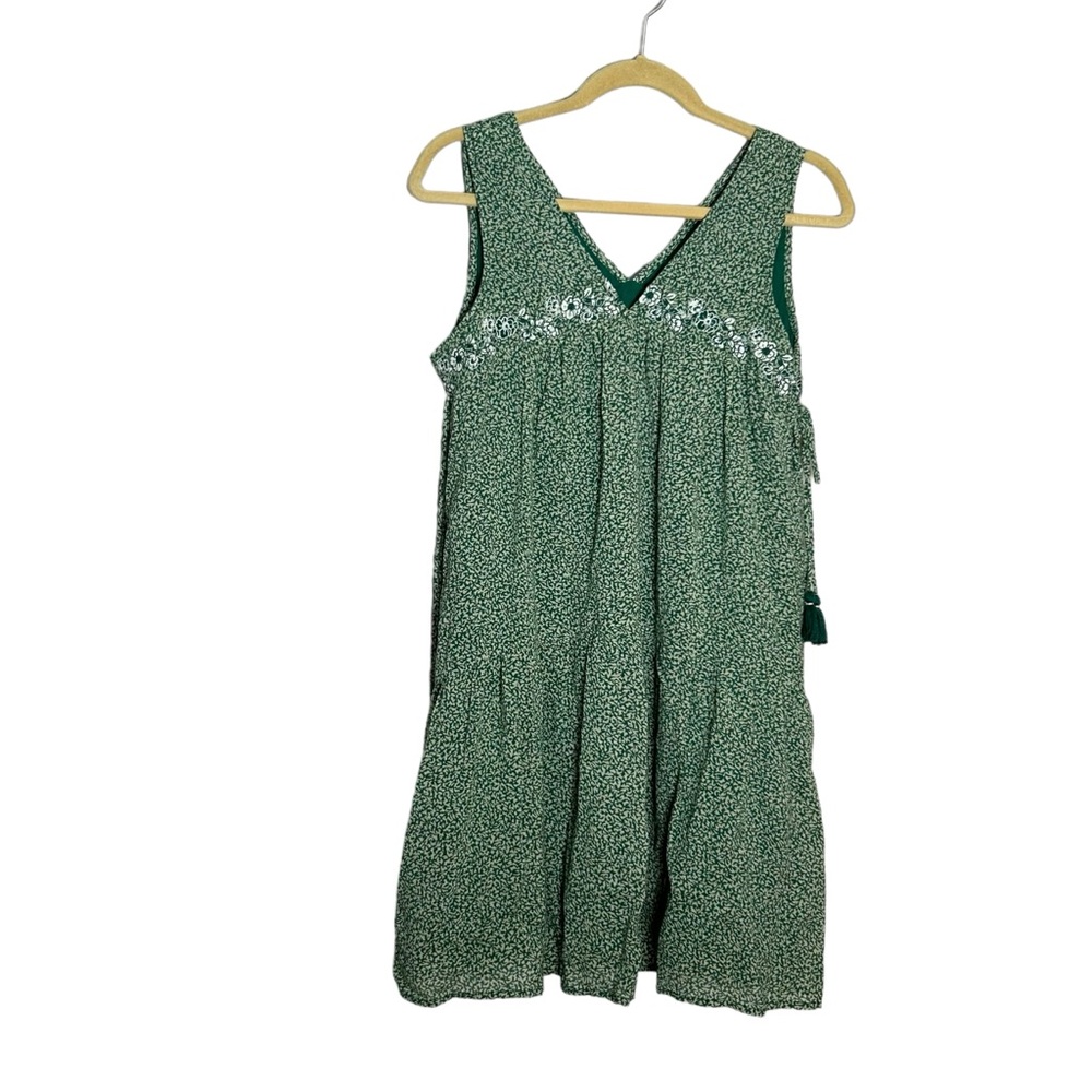 Anthropologie Green Boho Flowy V Neck V Back Sleeveless Mini Dress Medium Petite